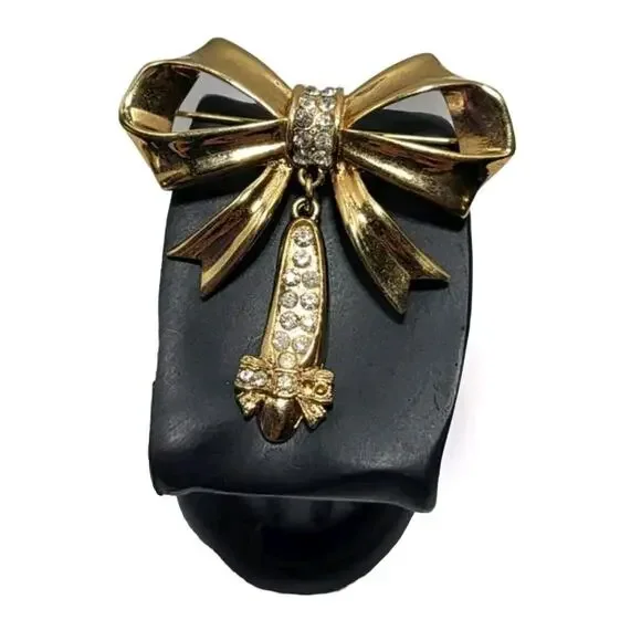 JJ Jonette Gold tone Ribbon Bow Rhinestone Ballet Slipper Vintage Signed Brooch - Picture 2 of 6